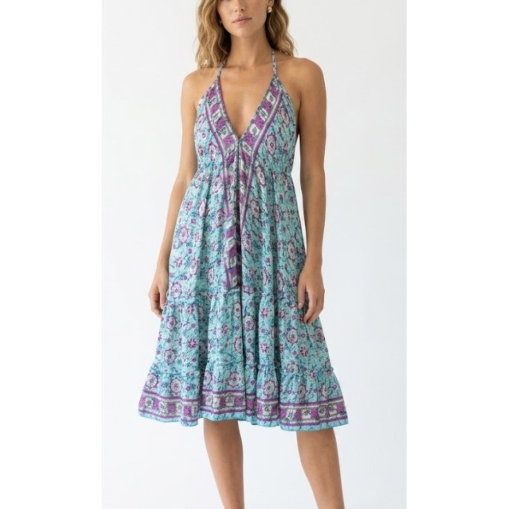 New India Boutique Halter‎ Dress One Size Multi Floral Batik Boho Tiered Ruffle